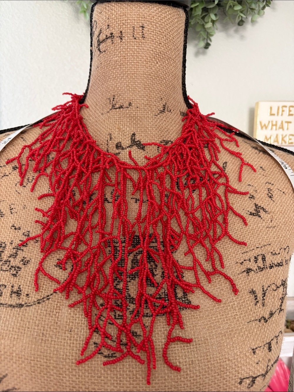 Ash Red Beaded Fringe Statement Necklace